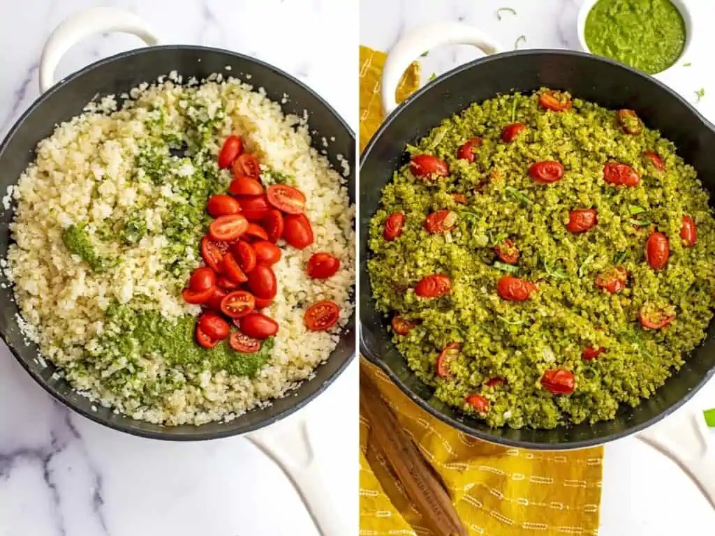 Before and after stirring the pesto into the cauliflower rice.