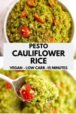 Pesto cauliflower rice in a skillet.