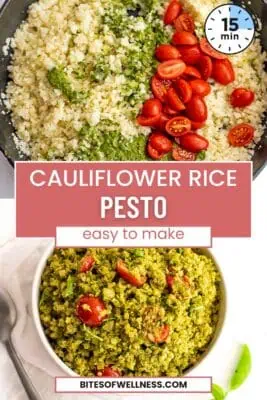 Large cast iron skillet filled with pesto cauliflower rice.
