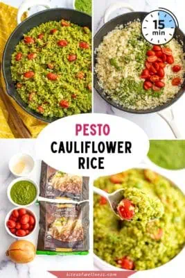 Large cast iron skillet filled with pesto cauliflower rice.