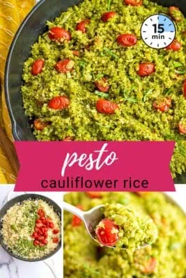 Large cast iron skillet filled with pesto cauliflower rice.