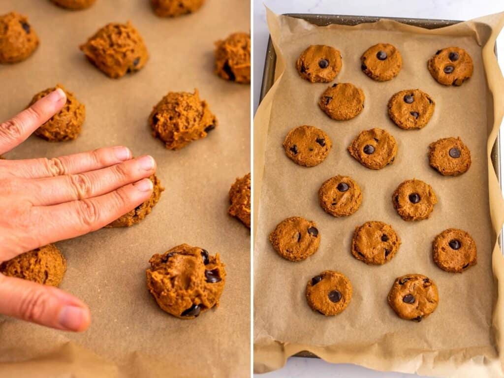Hand pressing down on pumpkin chocolate chip cookies.