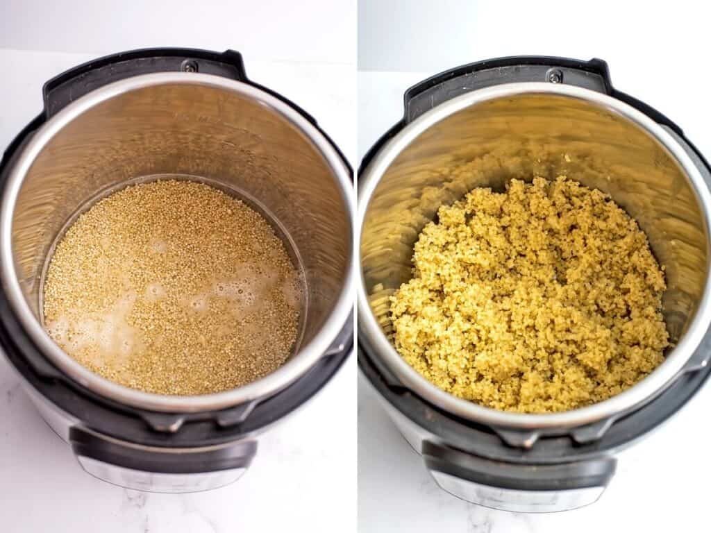 Before and after cooking quinoa in instant pot.