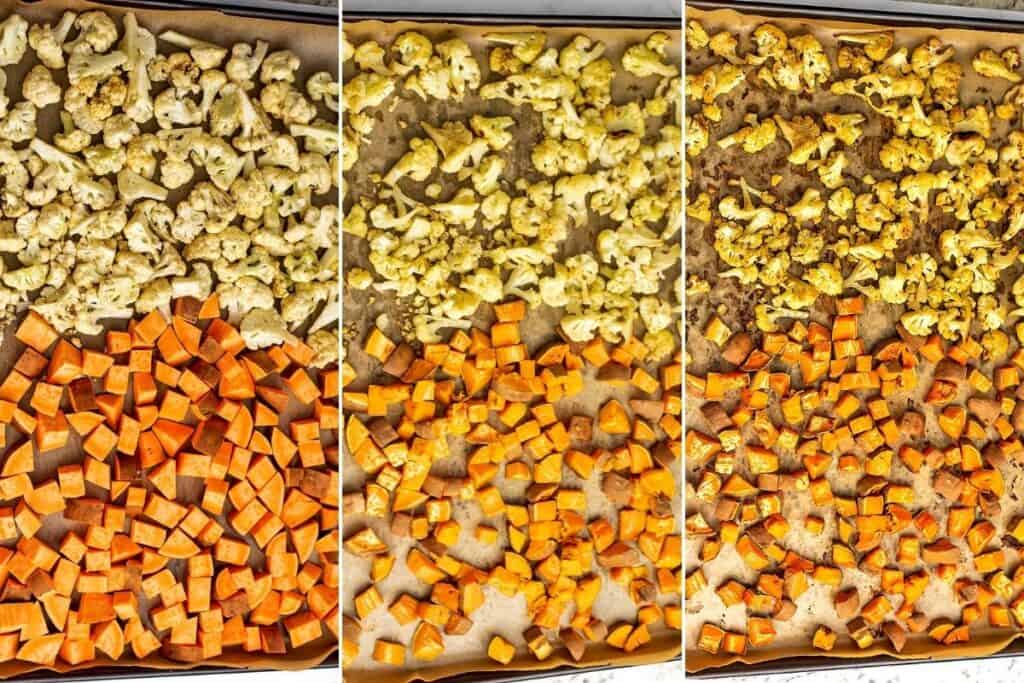 Before and after roasting the cauliflower and sweet potatoes.