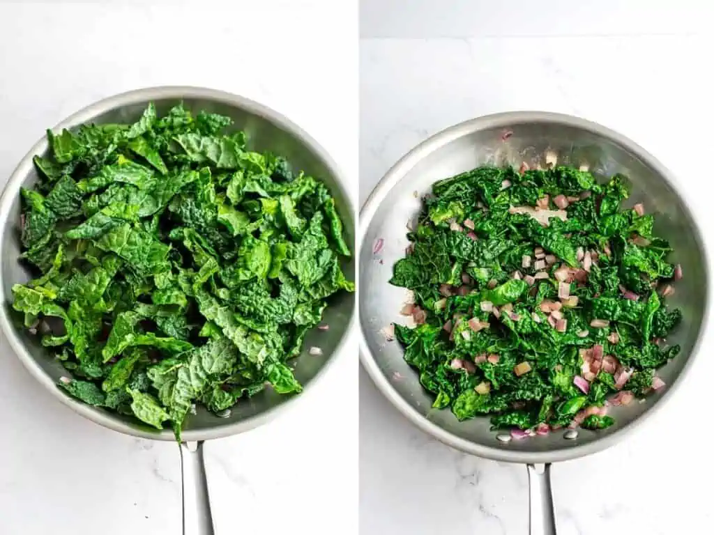 Shredded kale in stainless steel pan before and after sauteing.