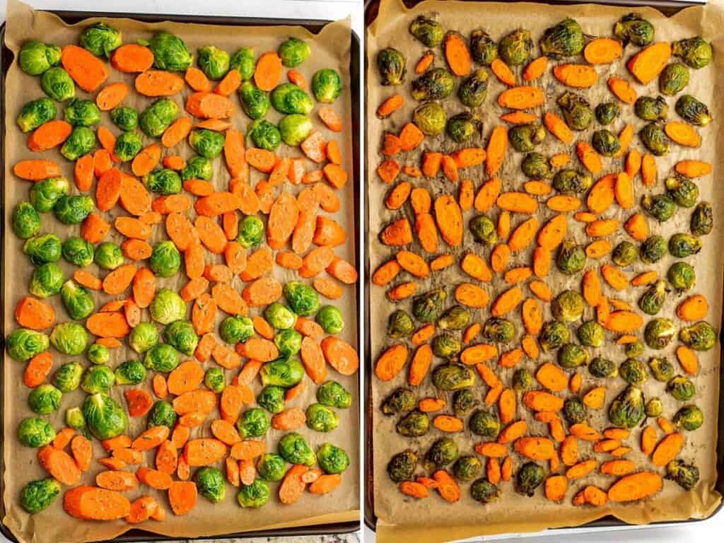 Before and after roasting brussel sprouts and carrots on a baking sheet.