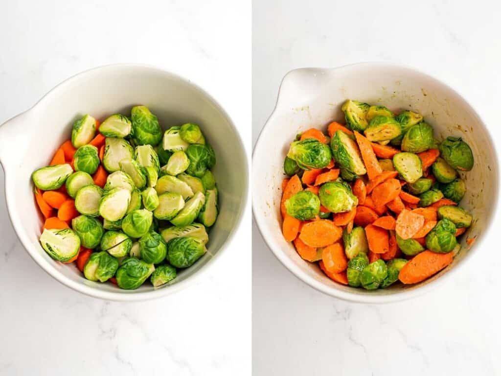 Before and after stirring brussel sprouts and carrots in a large white bowl.