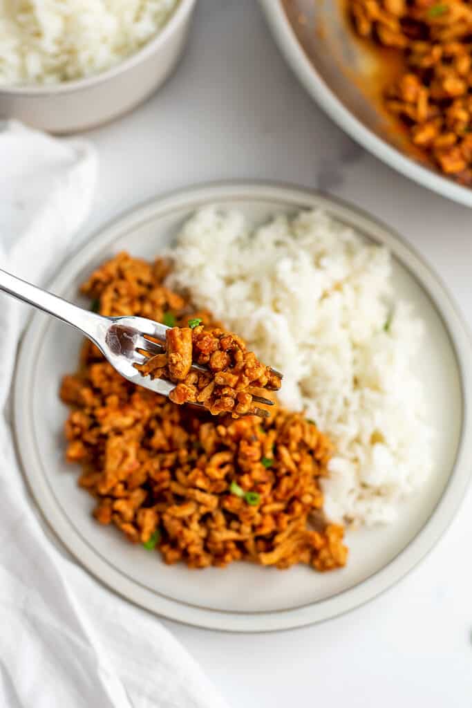 Fork filled with ground chicken sloppy joes on a plate next to rice.