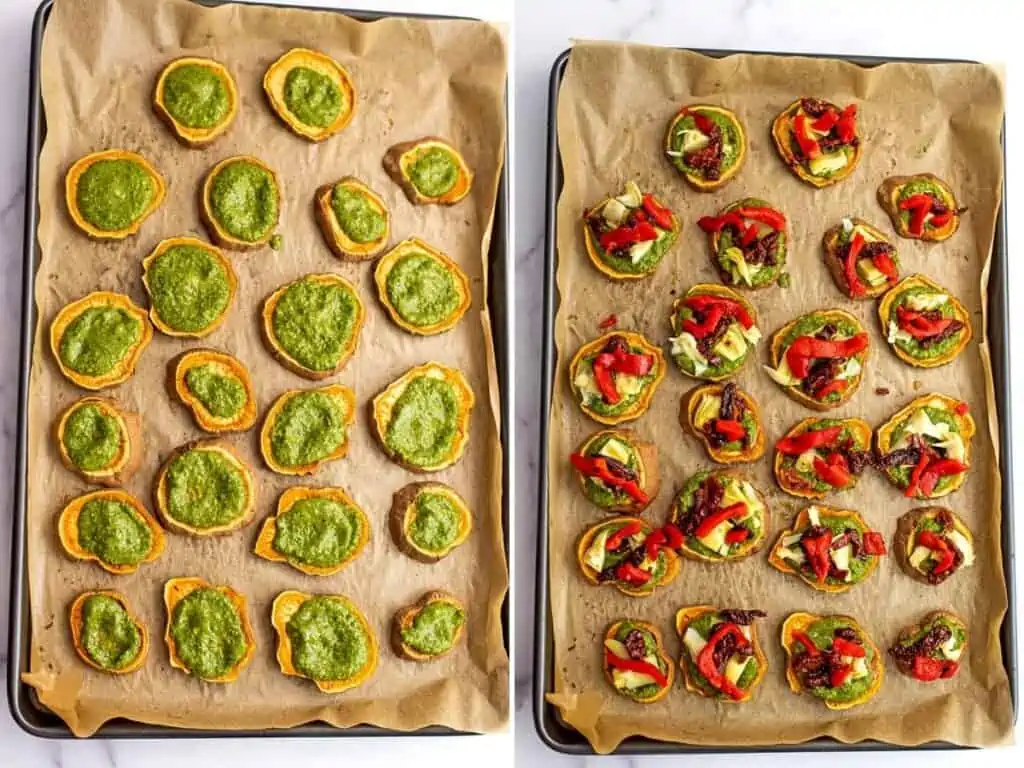 Pesto added to sweet potato rounds, final pizzas on baking sheet.