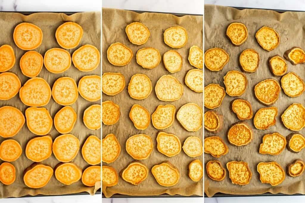 Before, during and after baking sweet potato rounds on baking sheet.