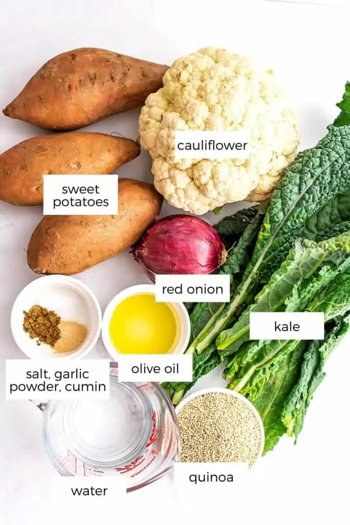 Ingredients to make quinoa sweet potato bowls.