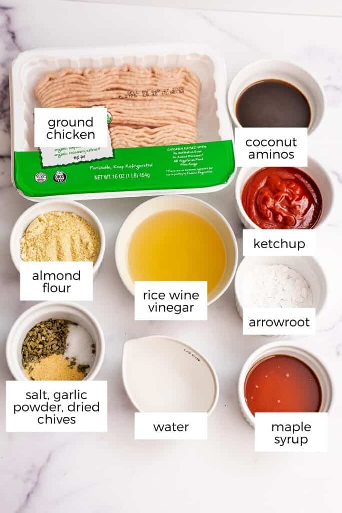 Ingredients to make sweet and sour chicken meatballs in white bowls.