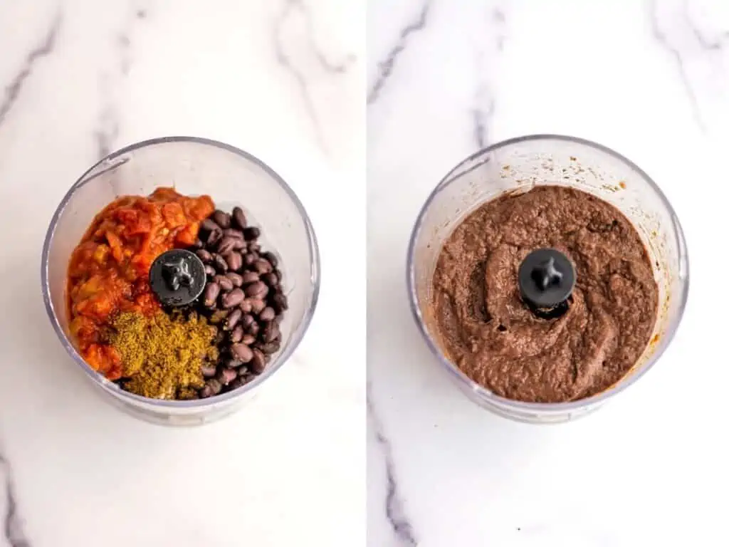 Vegan black bean dip ingredients in a food processor.