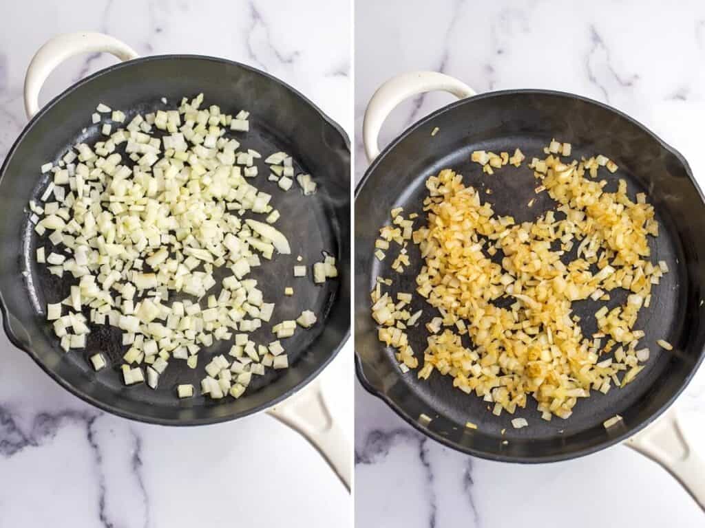 Before and after cooking yellow onion in cast iron skillet.
