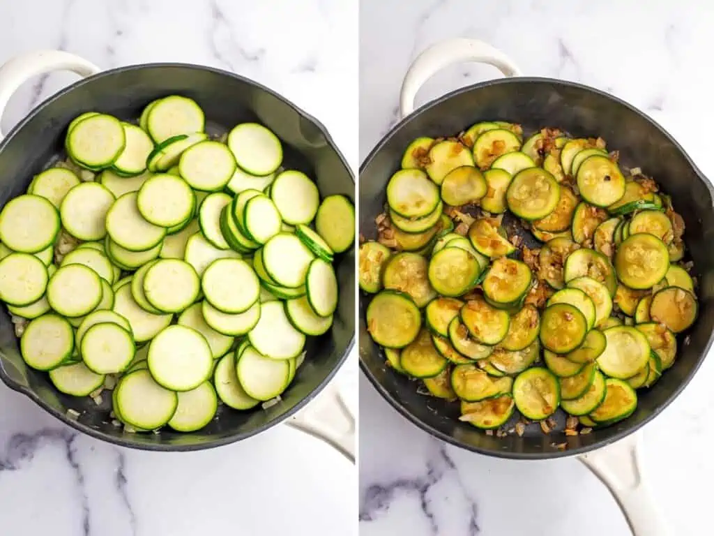 Before and after cooking zucchini rounds in a cast iron skillet.