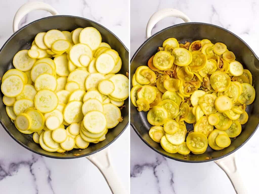 Before and after cooking yellow squash in cast iron skillet.
