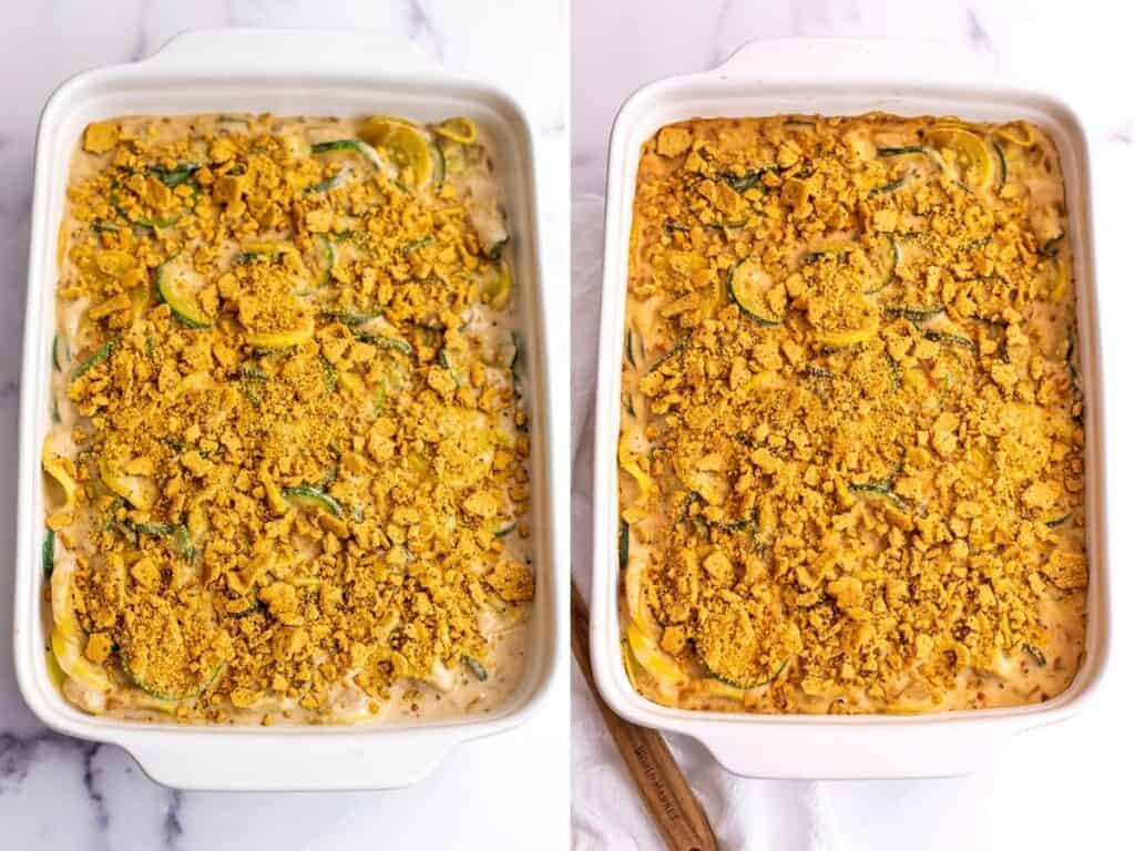Before and after baking the vegan squash casserole in casserole dish.