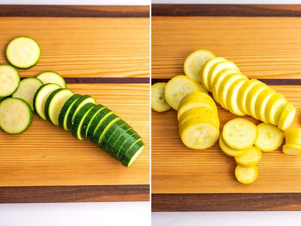Zucchini and yellow squash cut into 1/2 inch slices.