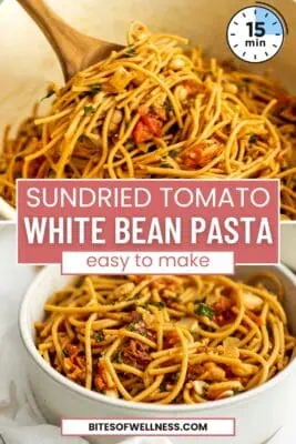 Large white pot filled with tuscan white bean pasta.