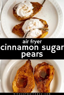 Baked pears on a plate with whipped cream.