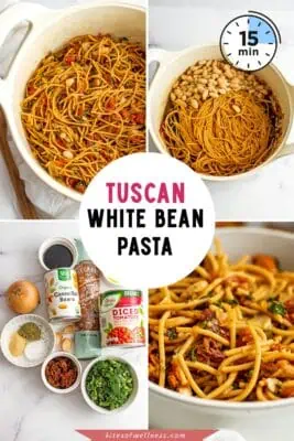 Large white pot filled with tuscan white bean pasta.