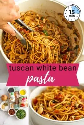 Large white pot filled with tuscan white bean pasta.