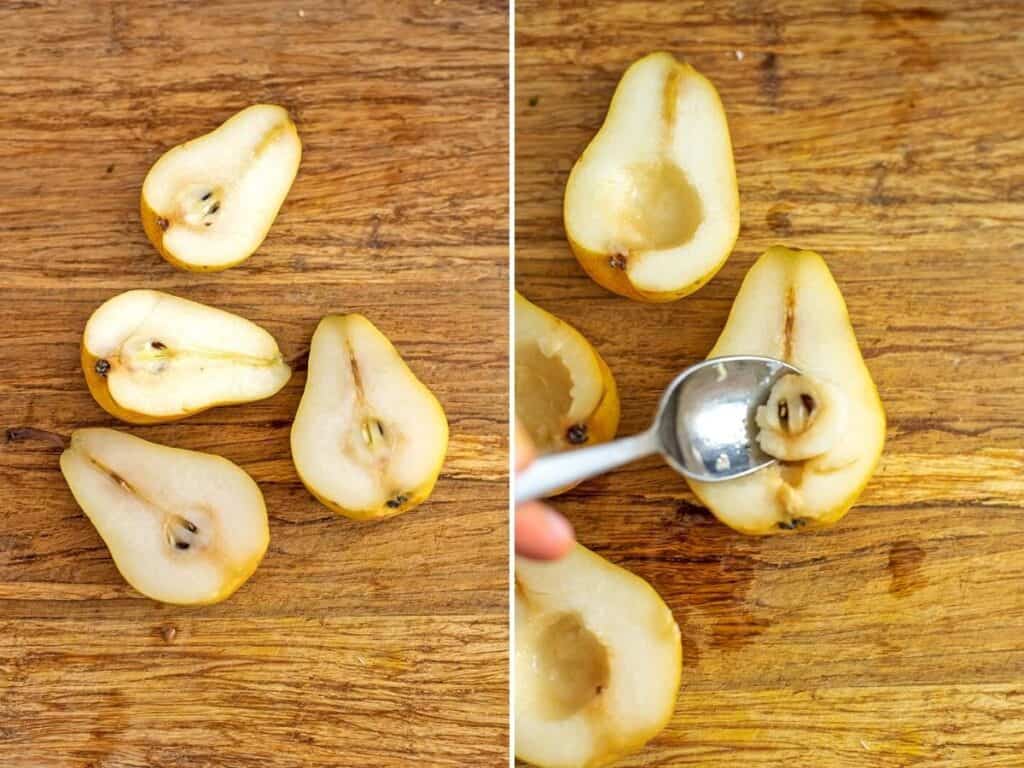 Pears cut in half, spoon removing the seeds on a wood cutting board.