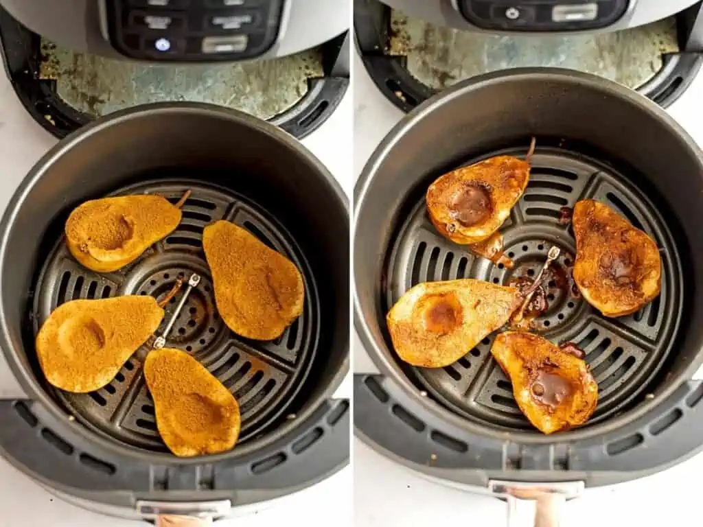 Before and after cooking pears in air fryer.
