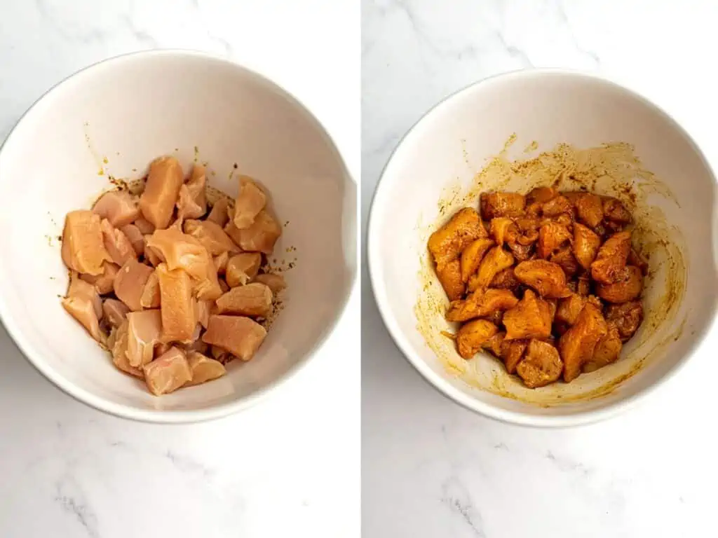 Before and after stirring the chicken cubes in spices.