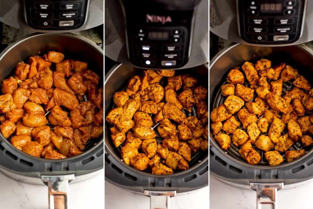 Before, during and after cooking the air fryer chicken bites.