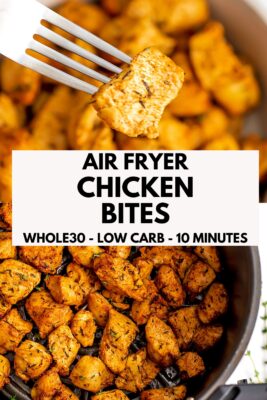 Fork holding air fryer chicken bites.