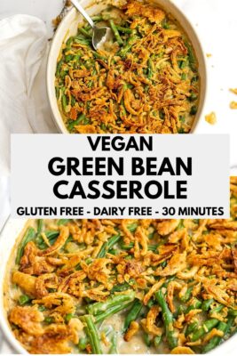 Gluten free vegan green bean casserole in a white casserole dish.