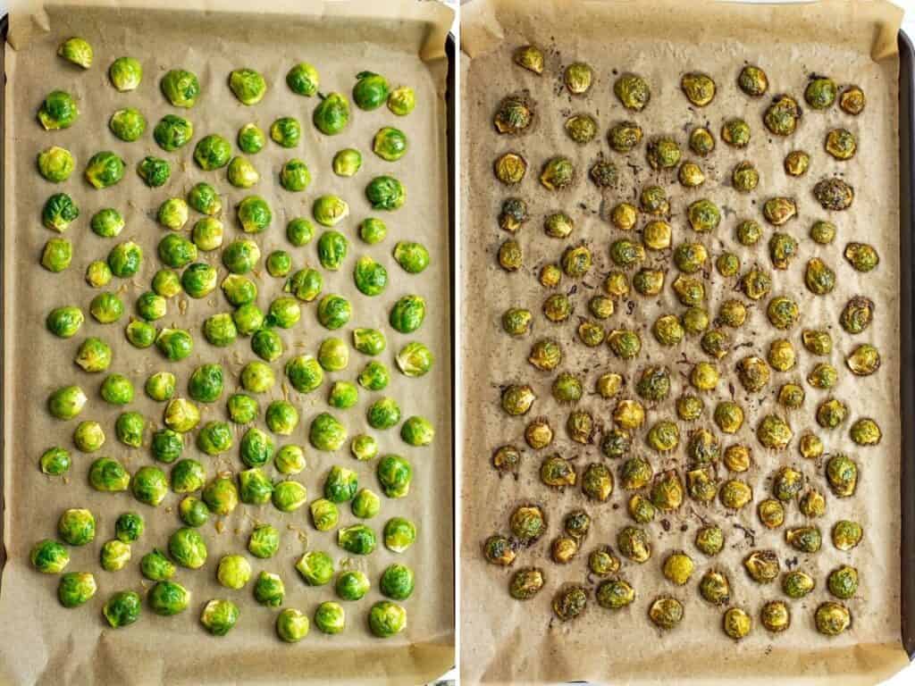 Before and after roasting maple dijon brussel sprouts.