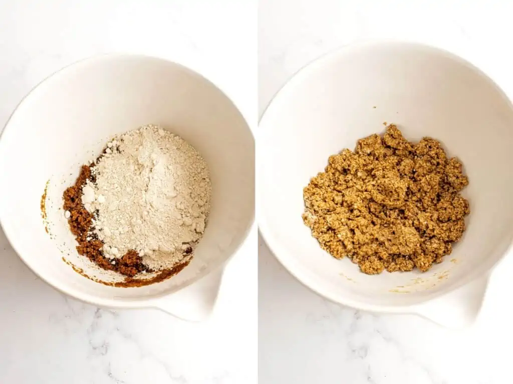 Oat flour being added to cookie dough ingredients.