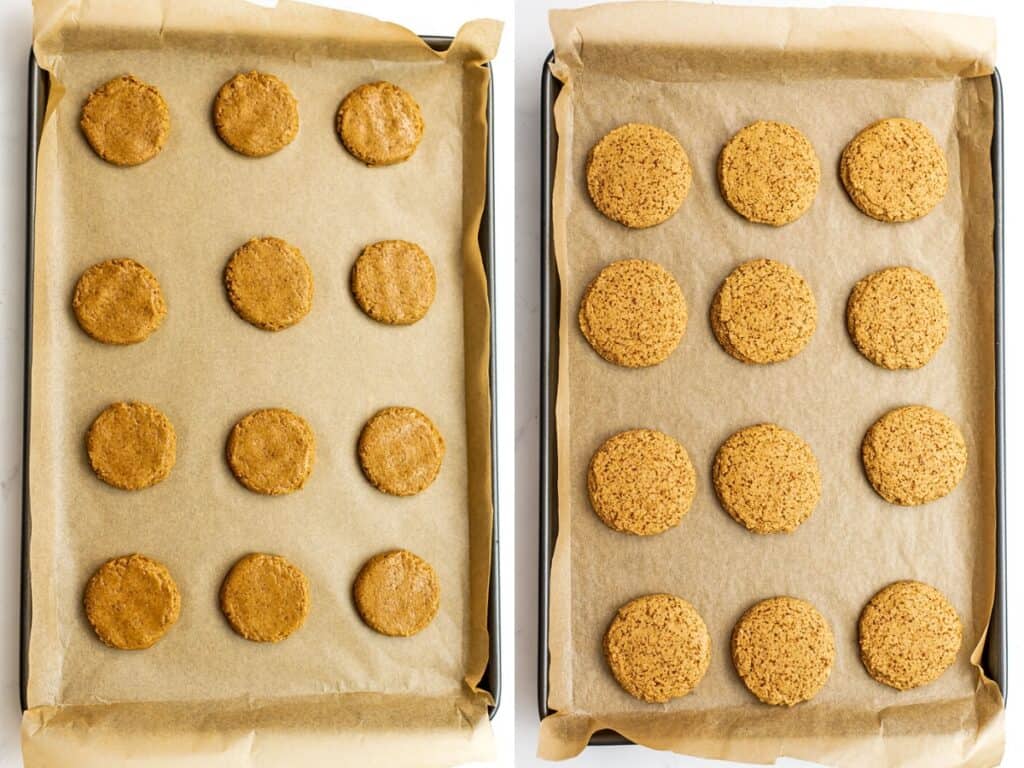Before and after baking sugar cookies on parchment paper lined baking sheet.