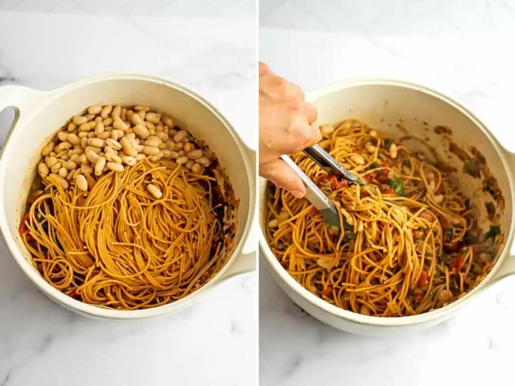 Before and after stirring the spaghetti and beans in with the tomato mixture.