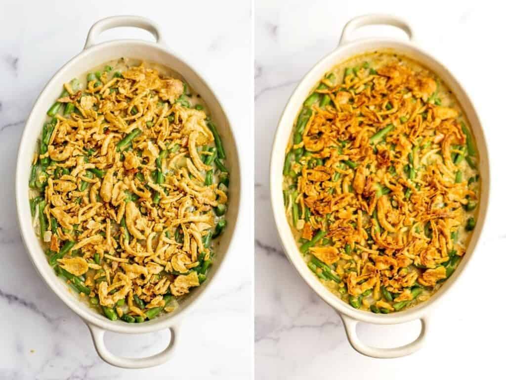 Before and after baking the green bean casserole.
