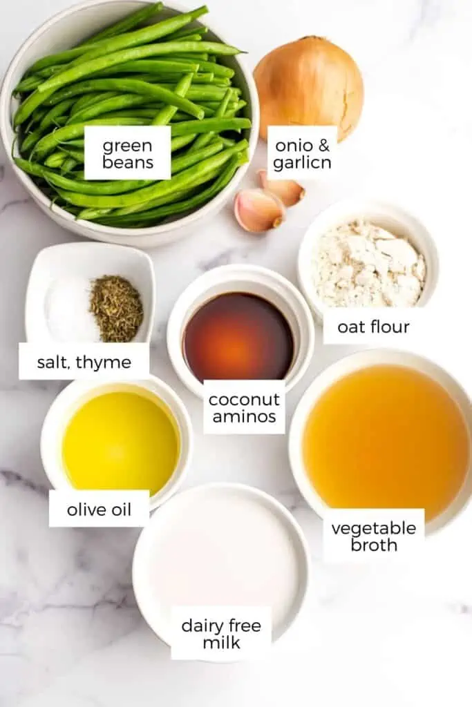 Ingredients to make green bean casserole in white ramekins.