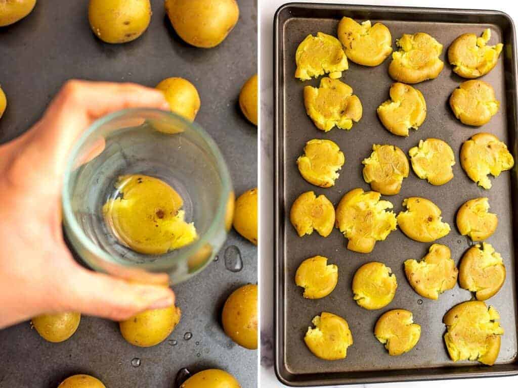 Glass smashing a baby gold potato on a baking sheet.