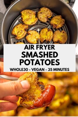 Smashed potatoes in air fryer basket.