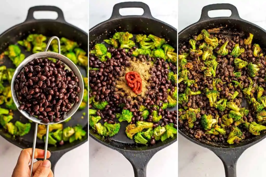 Adding black beans to cast iron skillet filled with broccoli.