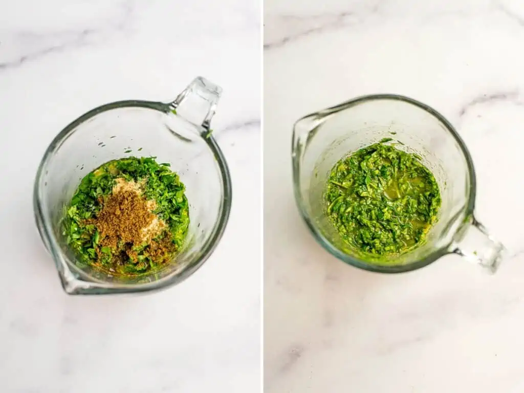 Ingredients to make cilantro lime slaw in a glass measuring cup.