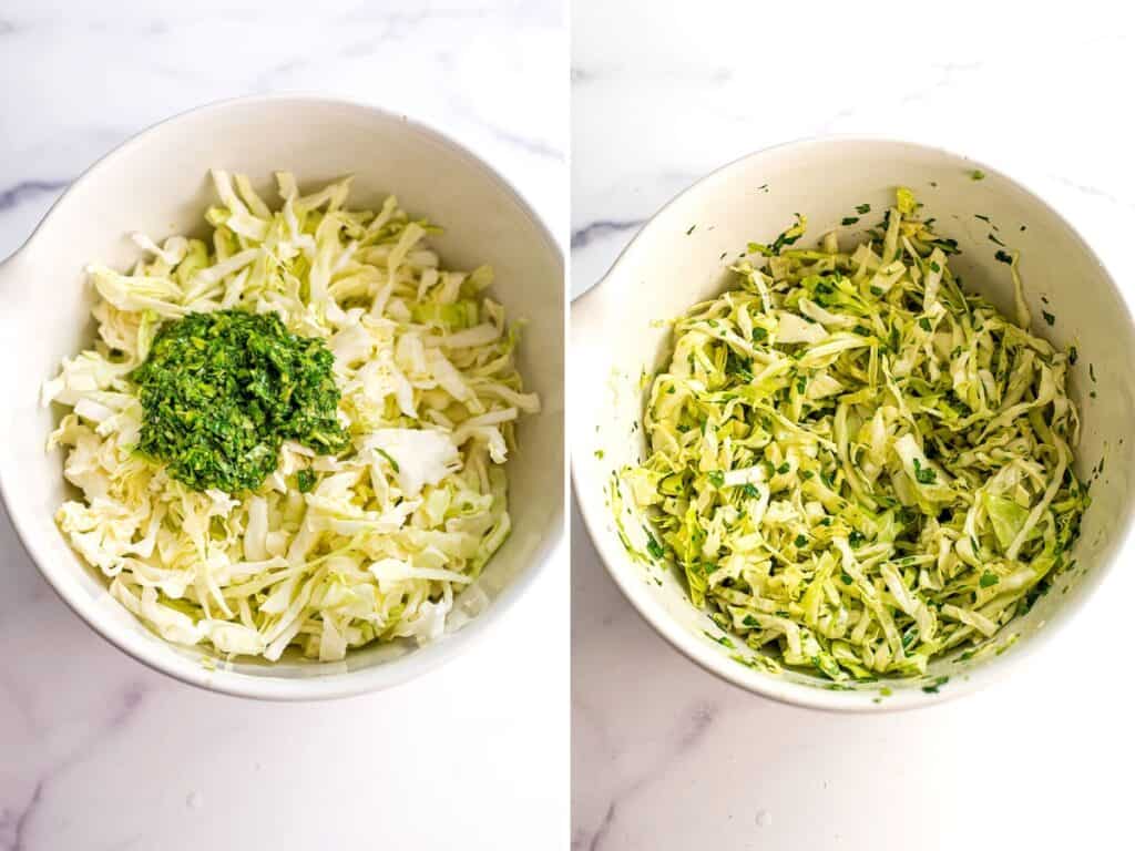 Cilantro lime dressing added to the cabbage slaw.