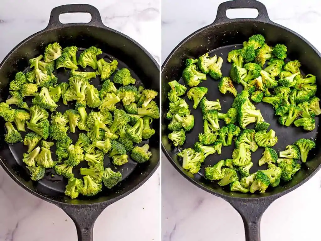 Before and after sauteing the broccoli in a cast iron skillet.