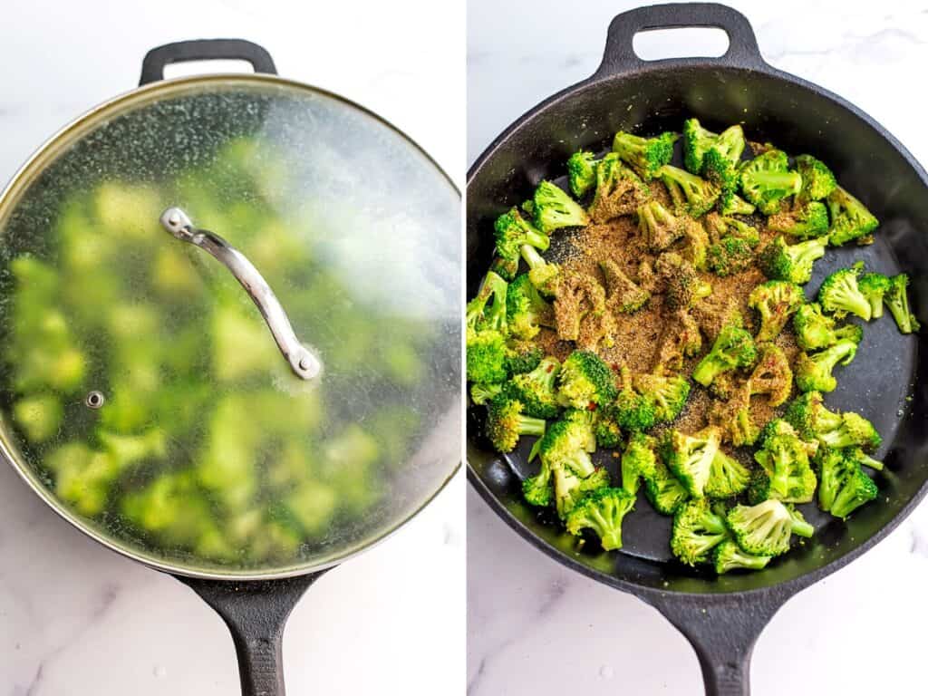 Cast iron skillet filled with broccoli with a glass lid on top.