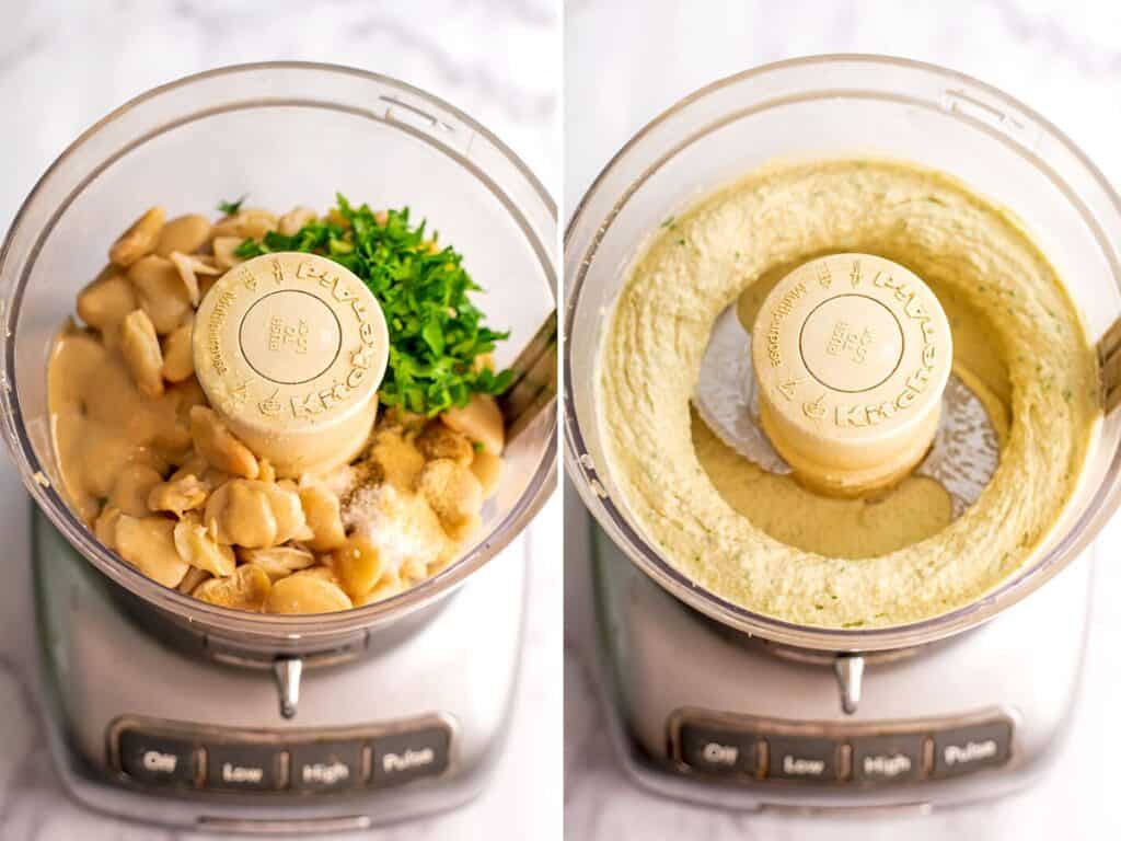Before and after of blending butter bean hummus ingredients.