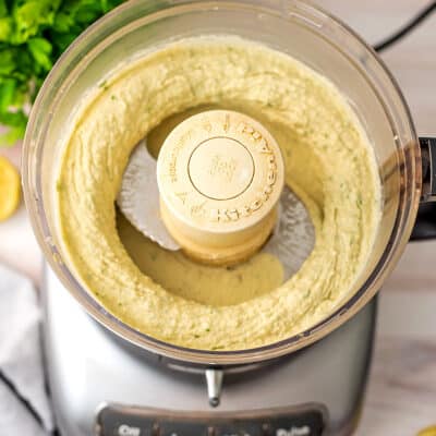 Lima bean hummus in a food processor.
