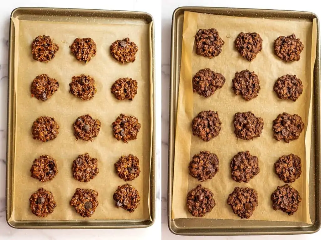 Before and after baking chocolate oatmeal cookies.