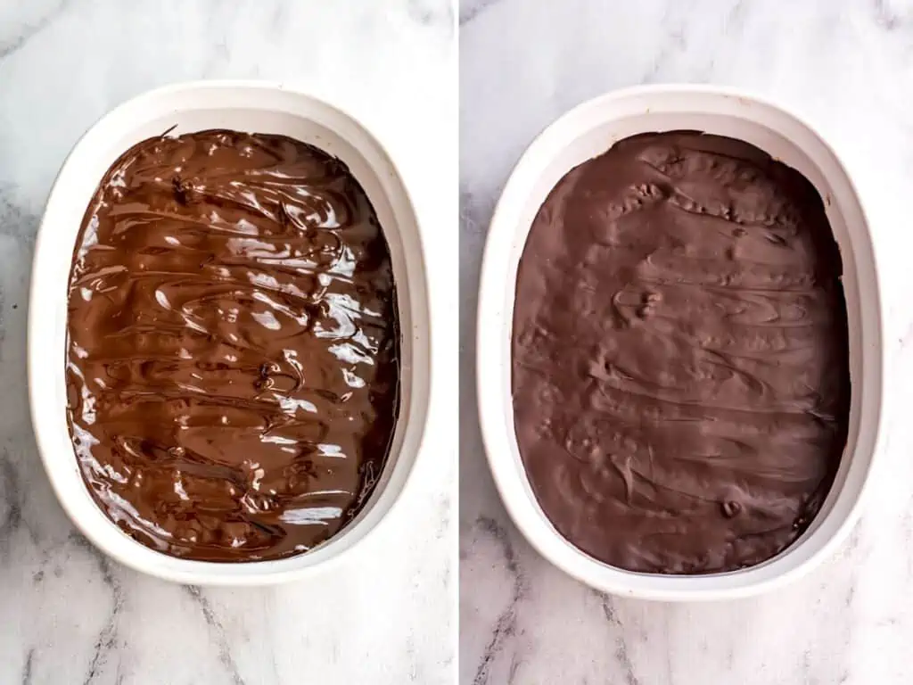 Before and after allowing the chocolate coating to set on the peanut butter rice crispy treats.