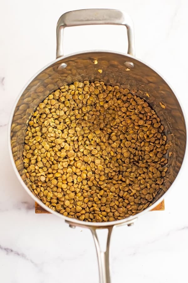 Cooked lentils in a large pot.